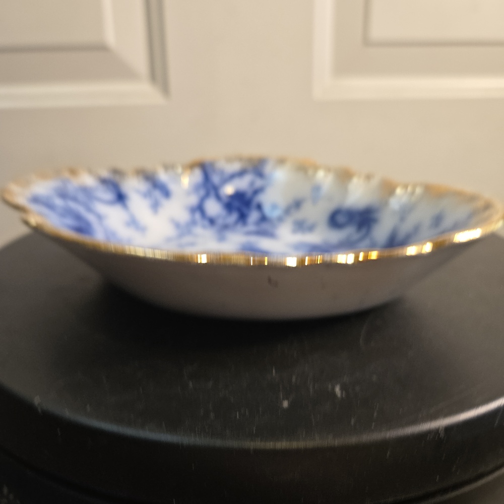 Antique Warwick China Flow Blue Floral Porcelain Trinket Dish with Gold Rim - Picture 4 of 14